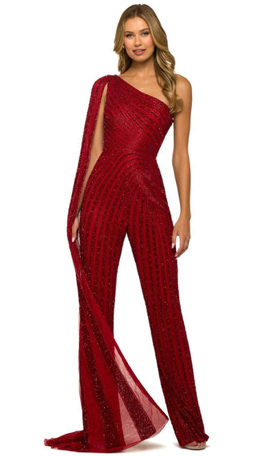 Sherri Hill 55364 - One Shoulder Beaded Jumpsuit Special Occasion Dress 000 / Red