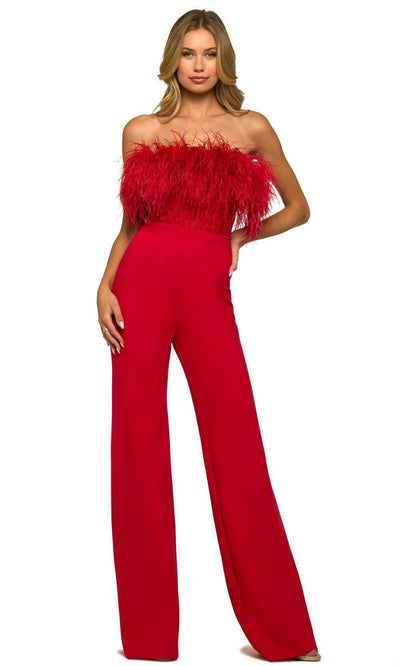 Sherri Hill 55382 - Feathered Strapless Jumpsuit Formal Pantsuits 000 / Red