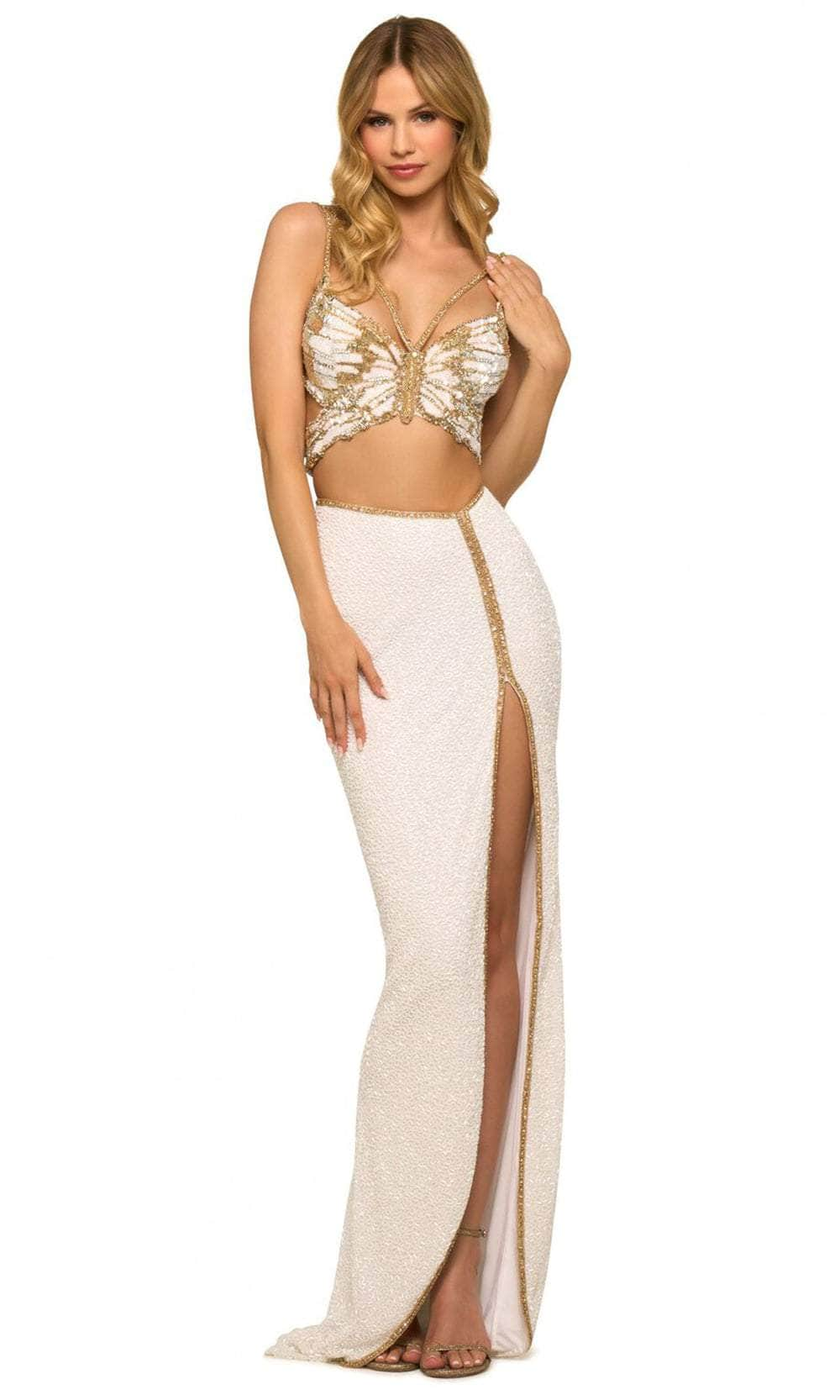 Sherri Hill 55409 - Two Piece Butterfly Beaded Prom Gown Special Occasion Dress 000 / Ivory/Gold