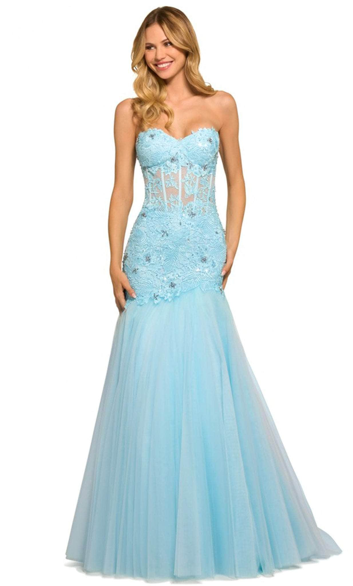 Sherri Hill 55488 - Embroidered Strapless Prom Gown Special Occasion Dress 000 / Light Blue