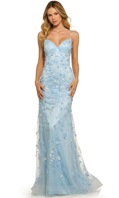 Sherri Hill 55531 - Thin Strapped Floral Patterned Long Gown Evening Dresses 000 / Light Blue