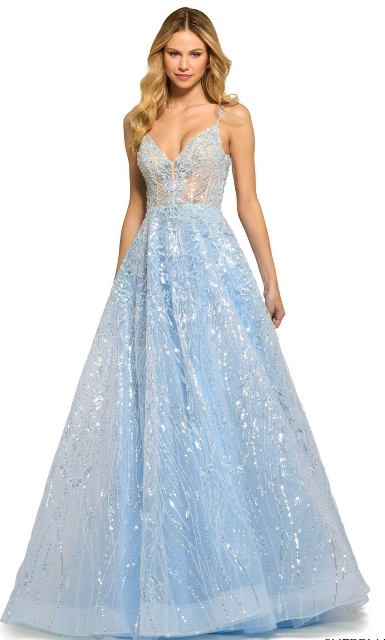 Sherri Hill 55532 - Sequined Lace Prom Gown Special Occasion Dress 000 / Light Blue