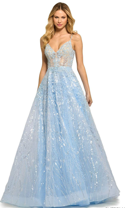 Sherri Hill 55532 - Sequined Lace Prom Gown Special Occasion Dress 000 / Light Blue