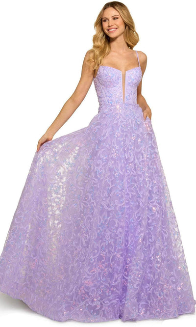 Sherri Hill 55534 - Embroidery-Detail A-line Lace-up Back Gown Evening Dresses 000 / Lilac