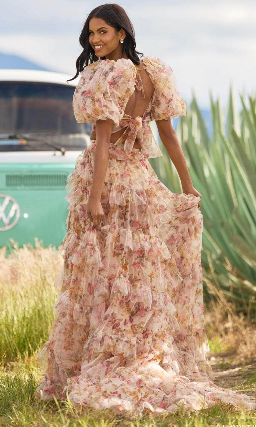 Sherri Hill 55547 Long Tulle A-Line Dress Puffed Sleeve