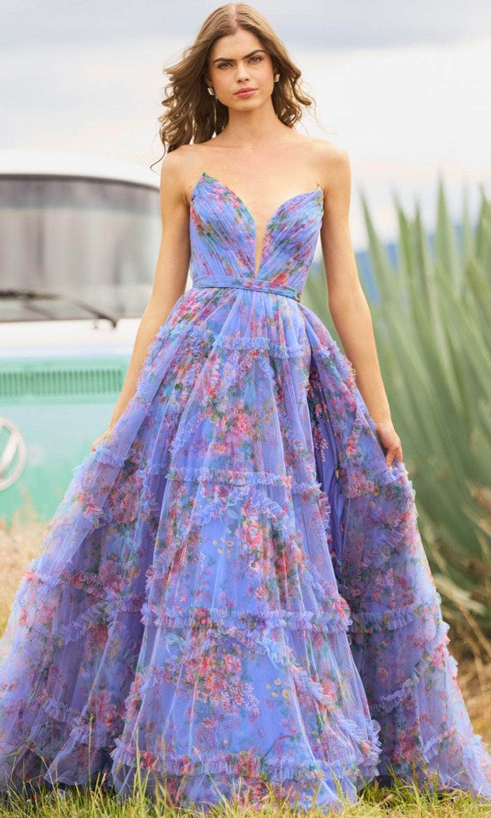 Sherri Hill 55620 - Strapless Corset Body Suit Gown Evening Dresses 000 / Periwinkle Print