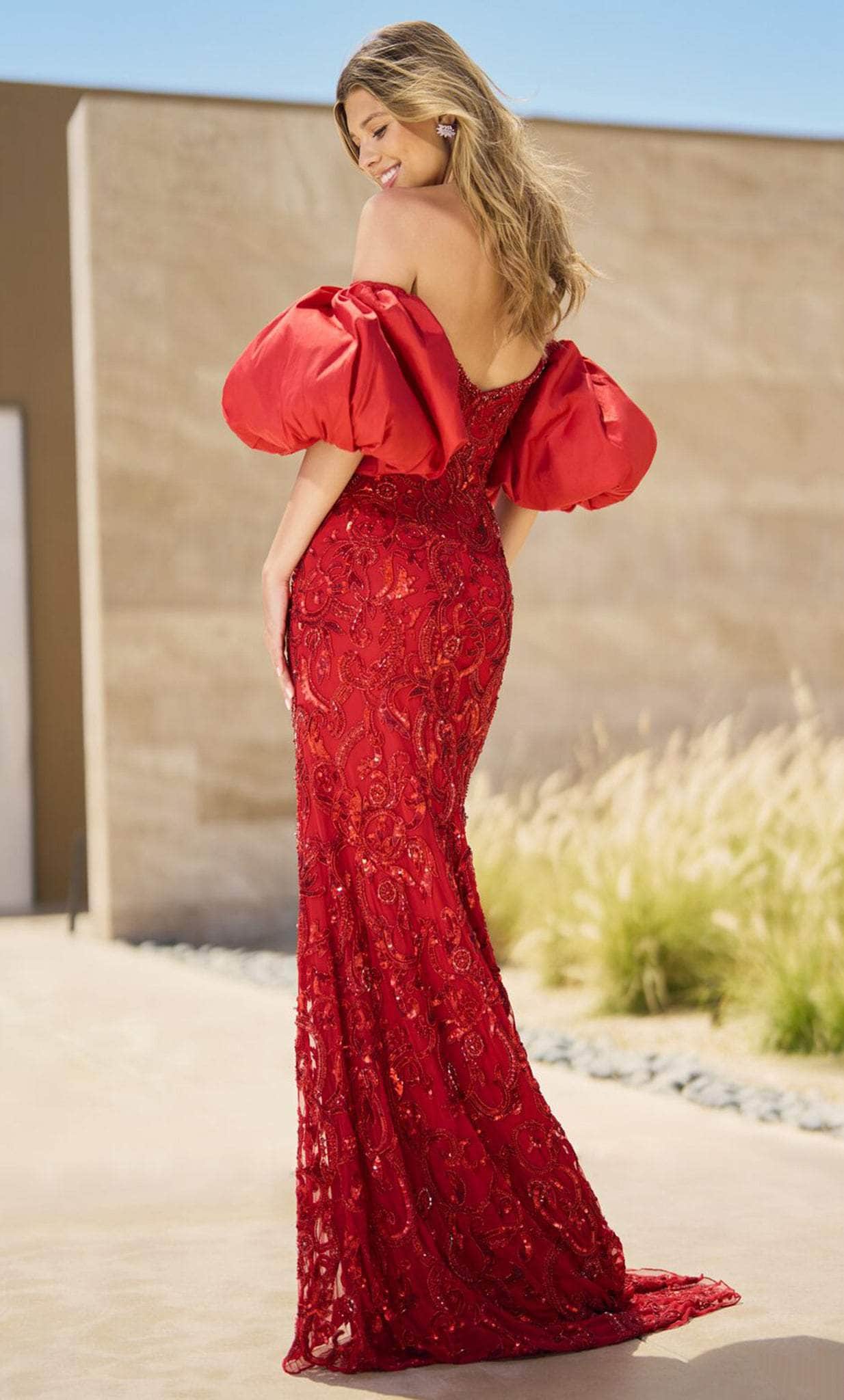 Sherri Hill 55646 - Long Sheath Dress - Balloon off shoulder sleeves, Fitted bodice, Taffeta, Embellished, Full length, Sweep train, Back zipper ADASA Sherri Hill 55646 - Long Sheath Dress - Balloon off shoulder sleeves, Fitted bodice, Taffeta, Embellished, Full length, Sweep train, Back zipper ADASA