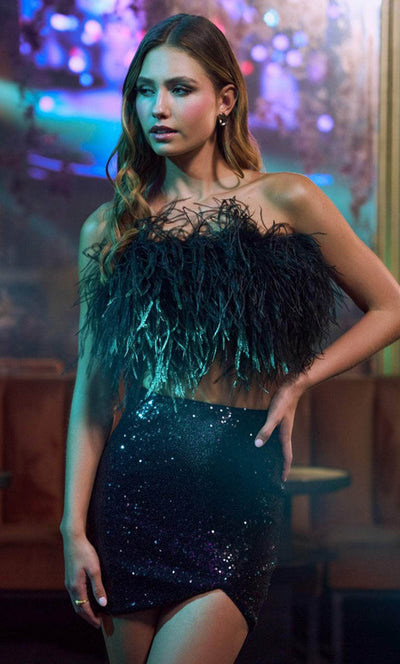 Sherri Hill 55724 - Two-Piece Feathered Bodice Cocktail Dress Cocktail Dresses 000 / Black