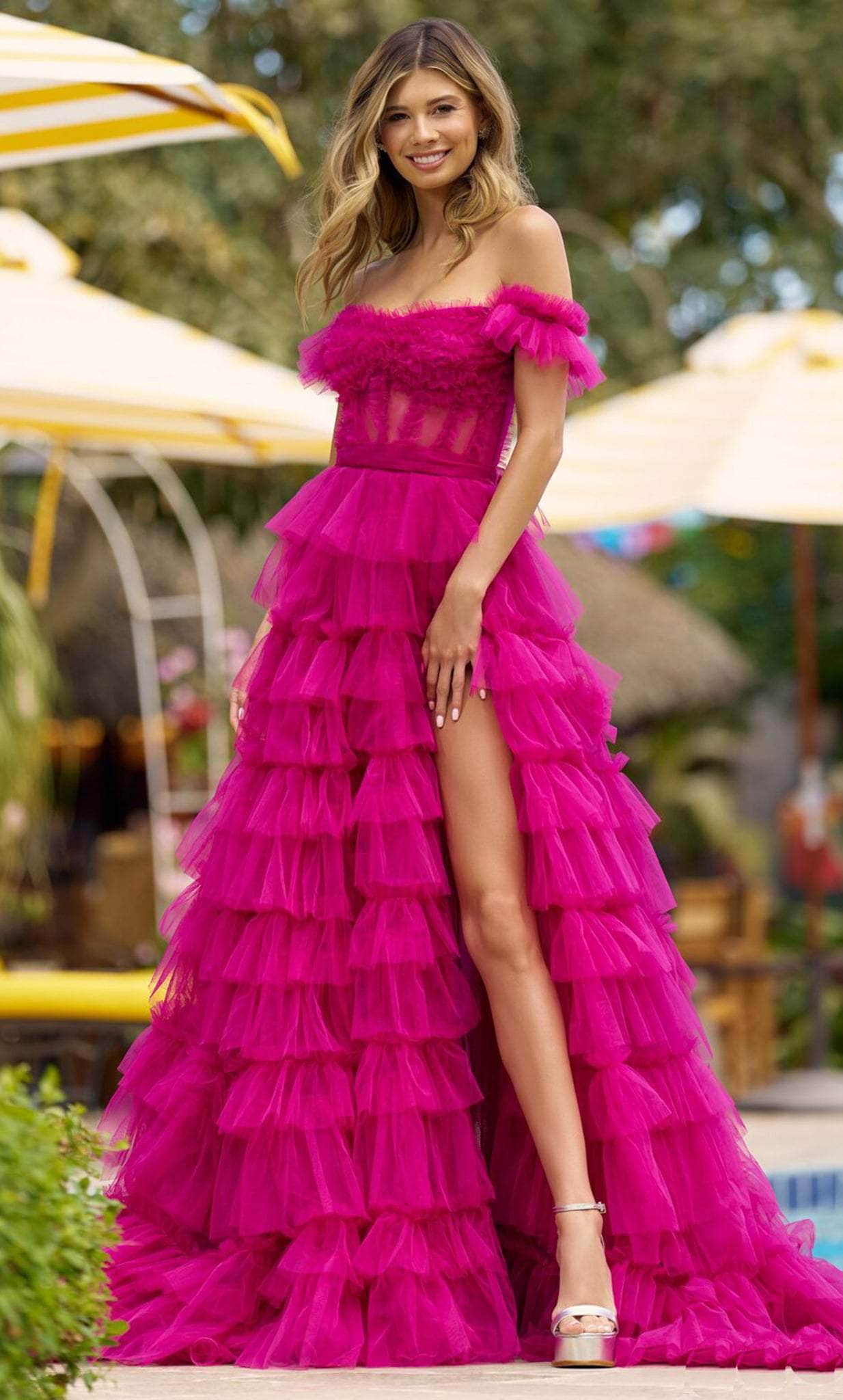 Sherri Hill 55850 - Off Shoulder Ruffle Evening Gown Prom Dresses 000 / Fuchsia