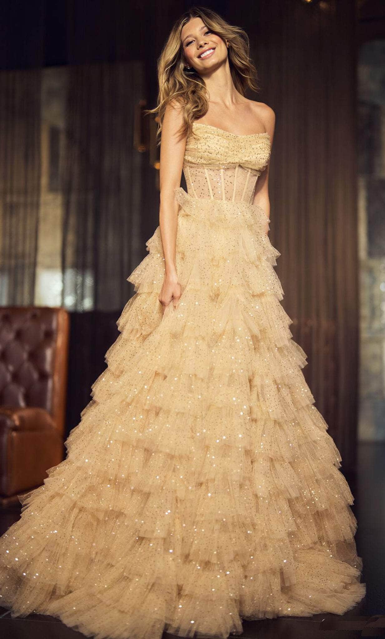 Sherri Hill 55950 - Ruffled Tulle A-line Strapless Gown Prom Dresses