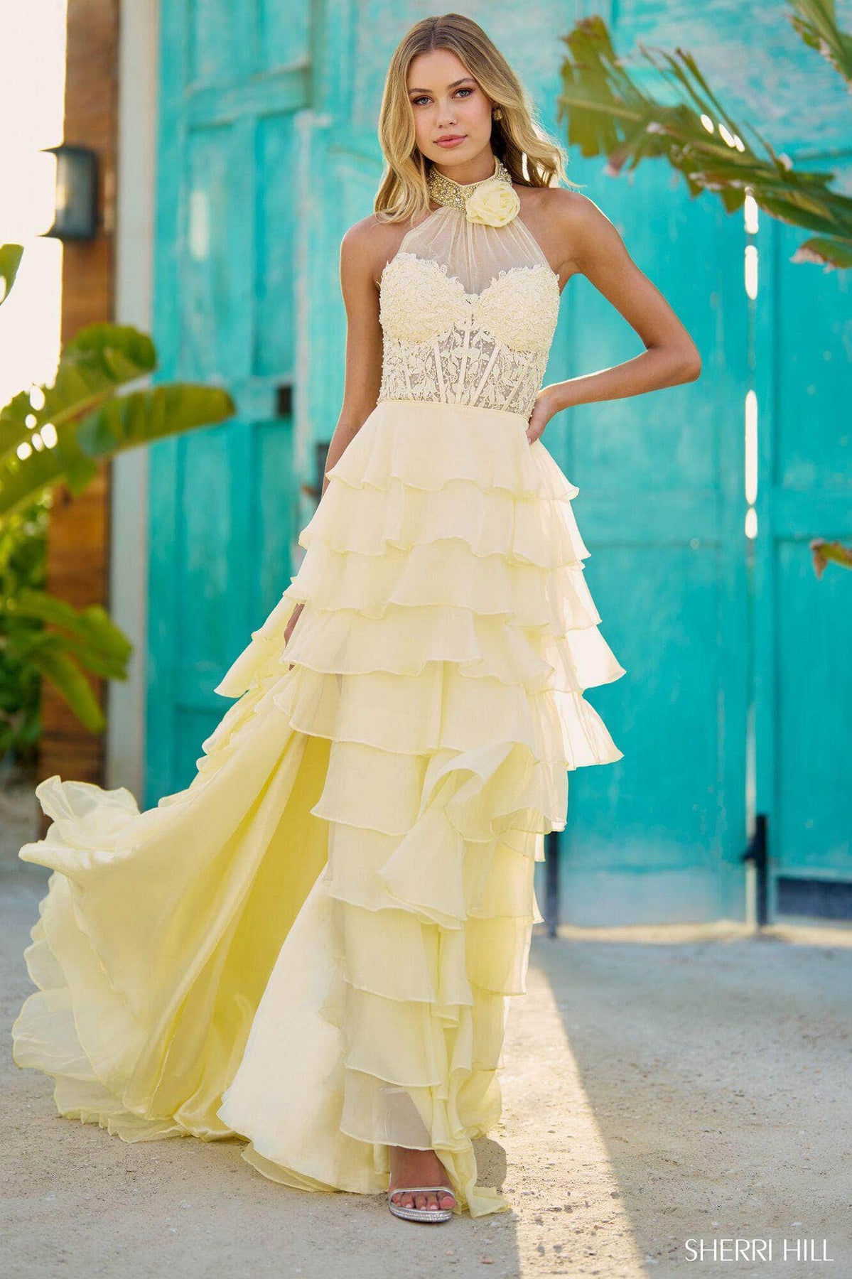 Sherri Hill 56083 - Long Lace/Chiffon A-Line Dress - Beaded Chocker, 3D Flowers, Leaf Lace Appliques, Rhinestones, Midrise Back, Concealed Zipper Closure, Ruffled Skirt, High Slit, Sweep Train ADASA Sherri Hill 56083 - Long Lace/Chiffon A-Line Dress - Beaded Chocker, 3D Flowers, Leaf Lace Appliques, Rhinestones, Midrise Back, Concealed Zipper Closure, Ruffled Skirt, High Slit, Sweep Train ADASA