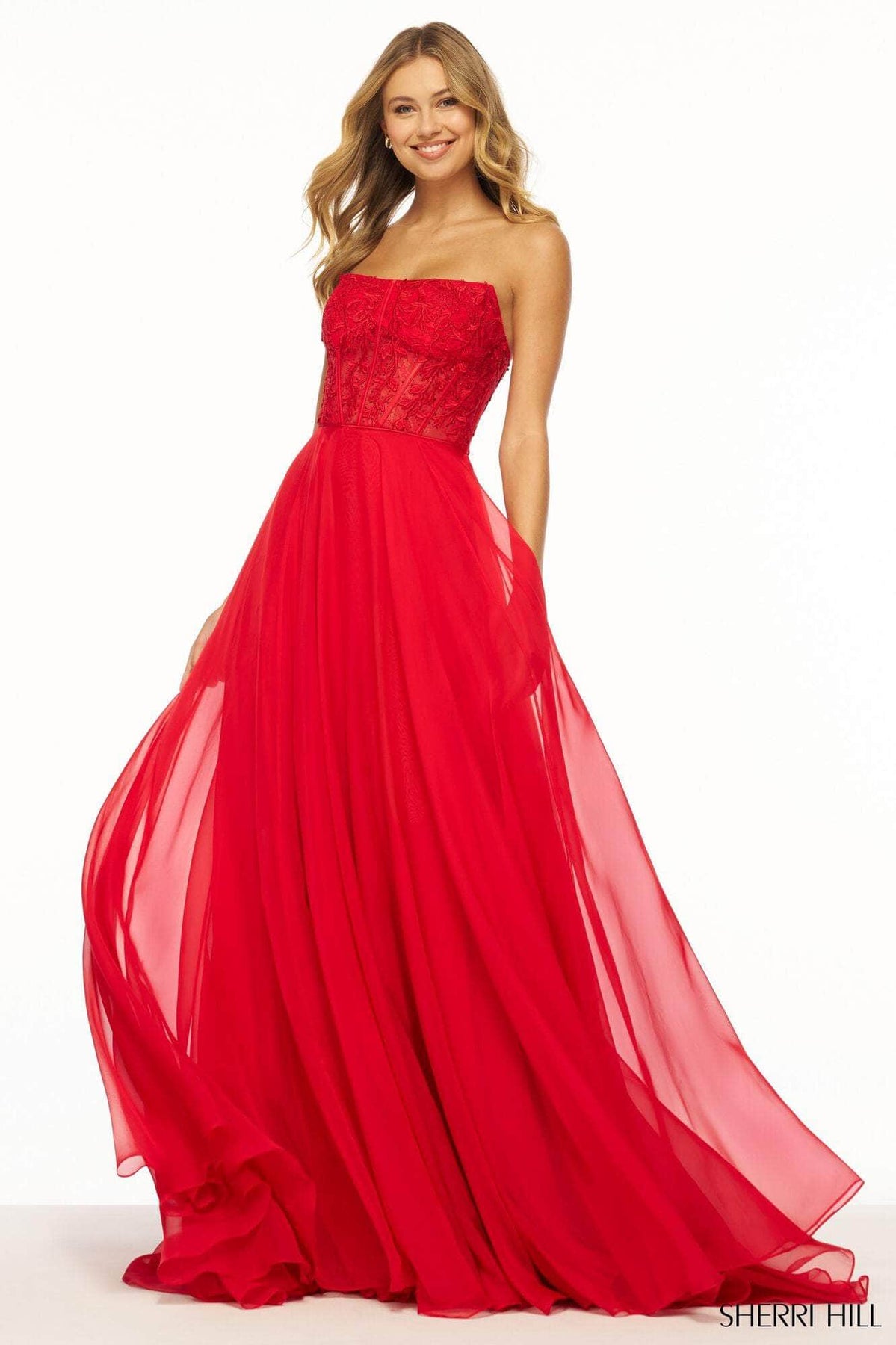 SHERRI HILL - 56042 - Strapless Ballgown with Leaf Lace Corset