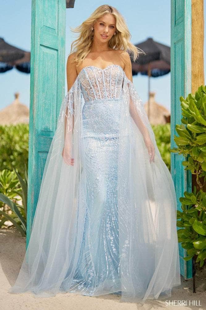 Sherri Hill 56155 - Long Sheath Dress - Lace, Corset, Detachable Off-Shoulder Cape, Fitted, Embellished, Sequin, Mid-Open Back, Back Zipper, Floor Length, Sweep Train ADASA Sherri Hill 56155 - Long Sheath Dress - Lace, Corset, Detachable Off-Shoulder Cape, Fitted, Embellished, Sequin, Mid-Open Back, Back Zipper, Floor Length, Sweep Train ADASA