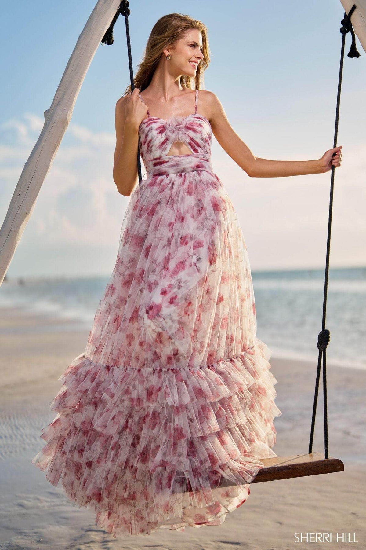 Sherri Hill 56172 - Long Tulle A-Line Dress - Ruched, Sleeveless, Spaghetti Straps, Front Keyhole, Floral Accent, Floral Prints, Tiered, Ruffled, Floor Length, Mid-Open Back, Back Zipper, Court Train ADASA Sherri Hill 56172 - Long Tulle A-Line Dress - Ruched, Sleeveless, Spaghetti Straps, Front Keyhole, Floral Accent, Floral Prints, Tiered, Ruffled, Floor Length, Mid-Open Back, Back Zipper, Court Train ADASA