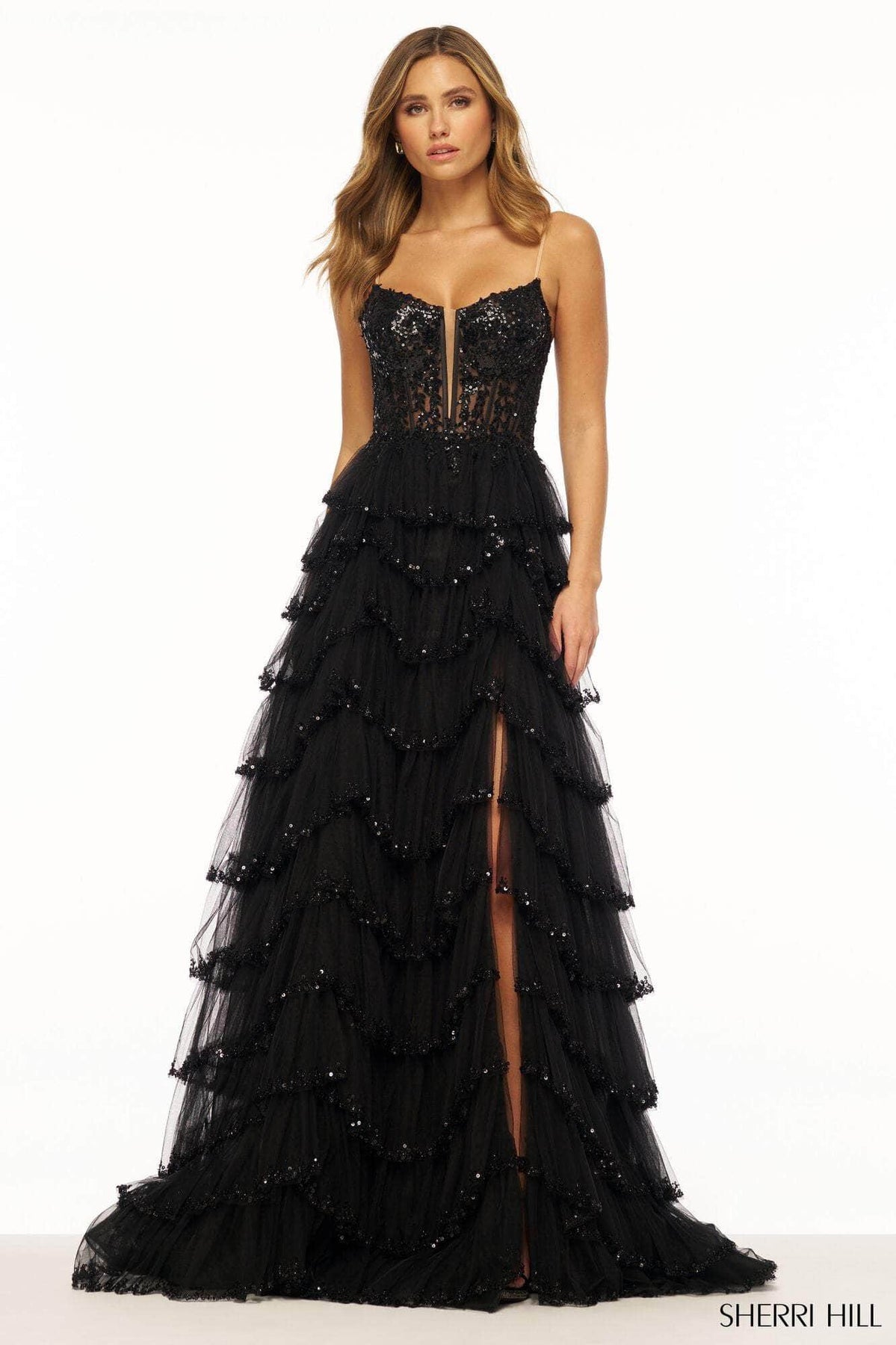Sherri Hill Sheer Lace Corset Tulle Ruffle Prom Dress 56157