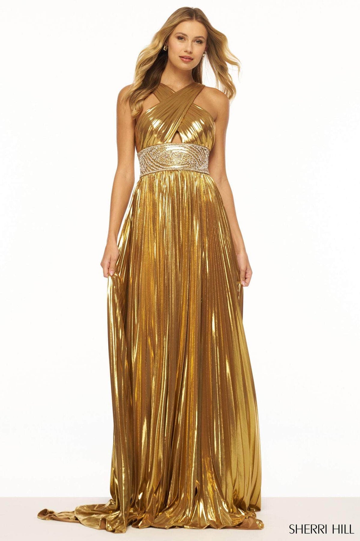 Sherri Hill 56195 - Long Metallic/Silky Stretch Satin A-Line Dress - Sleeveless, Metallic, Crisscross Neckline, Cutout Accent, Beaded Waist, Midrise Back, Concealed Zipper Closure, Pleated Skirt, High Slit, Sweep Train ADASA Sherri Hill 56195 - Long Metallic/Silky Stretch Satin A-Line Dress - Sleeveless, Metallic, Crisscross Neckline, Cutout Accent, Beaded Waist, Midrise Back, Concealed Zipper Closure, Pleated Skirt, High Slit, Sweep Train ADASA