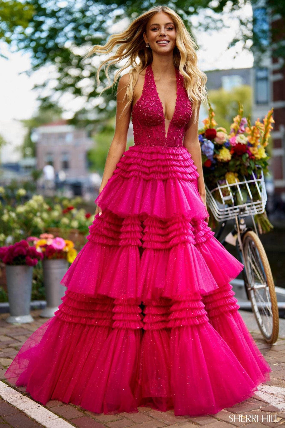 Sherri Hill 56206 - Long Lace/Tulle A-Line Dress - Lace Appliques, Sleeveless, Tiered Ruffle Skirt, High Slit ADASA Sherri Hill 56206 - Long Lace/Tulle A-Line Dress - Lace Appliques, Sleeveless, Tiered Ruffle Skirt, High Slit ADASA