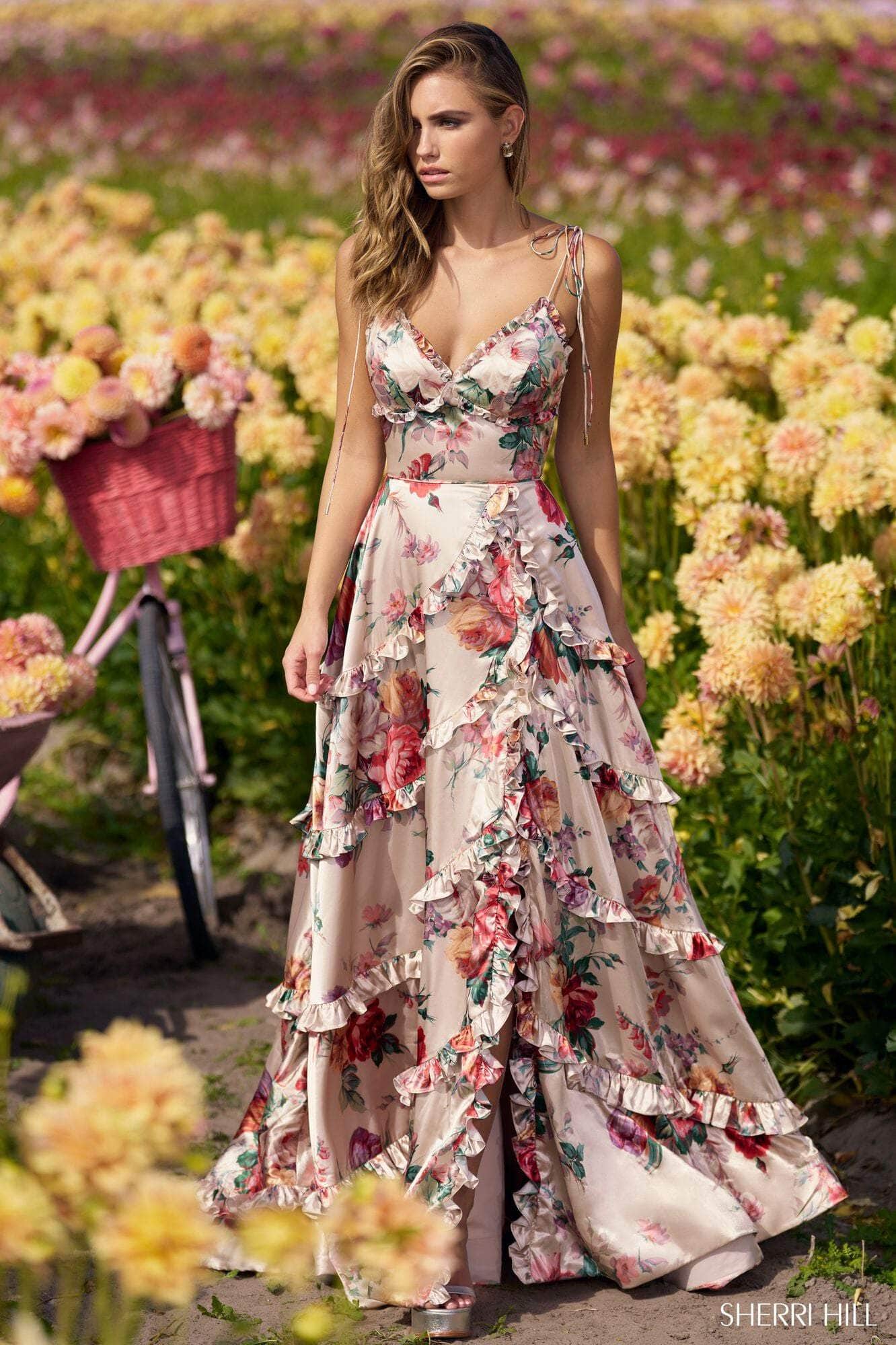 Sherri Hill 56256 - Ruffle Floral Gown with Slit Special Occasion Dress