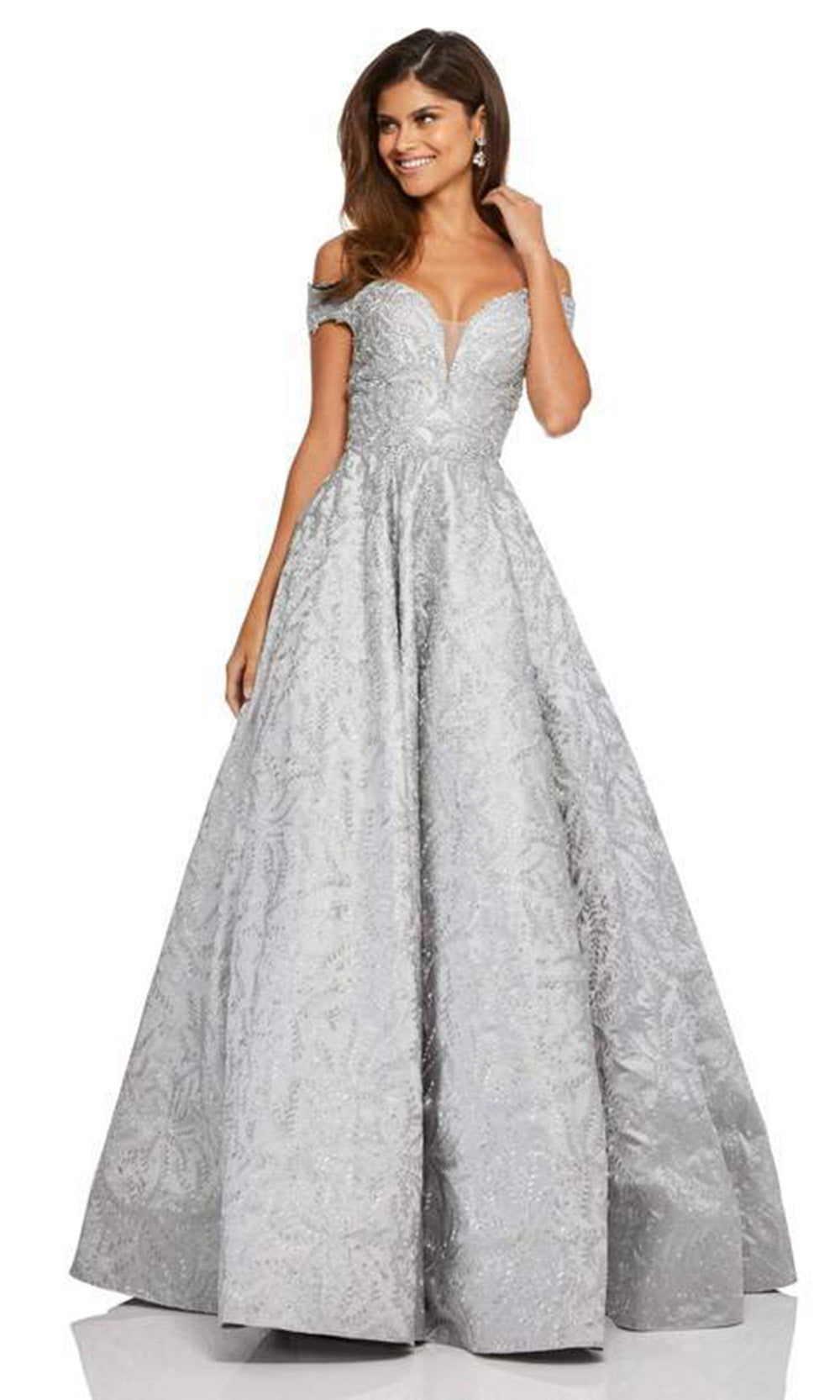 Sherri Hill - 52507SC Sweetheart Leaf Motif A-line Gown In Silver
