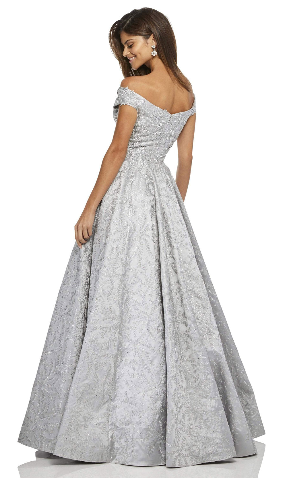 Sherri Hill - 52507SC Sweetheart Leaf Motif A-line Gown In Silver