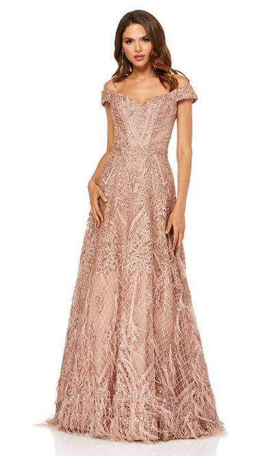 Sherri Hill - Feathered Off Shoulder Evening Dress In Gold