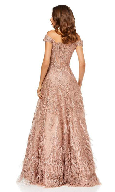 Sherri Hill - Feathered Off Shoulder Evening Dress In Gold
