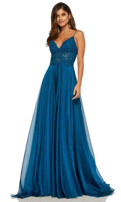 Sherri Hill - 52818SC Lace Applique Deep V-Neck A-Line Dress In Blue