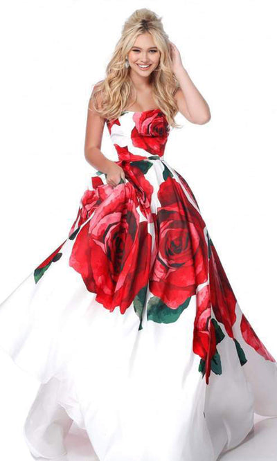 Sherri Hill - 51887SC Rose Flower Printed Voluminous A-line Gown In White and Multi