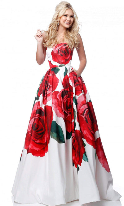 Sherri Hill - 51887SC Rose Flower Printed Voluminous A-line Gown In White and Multi