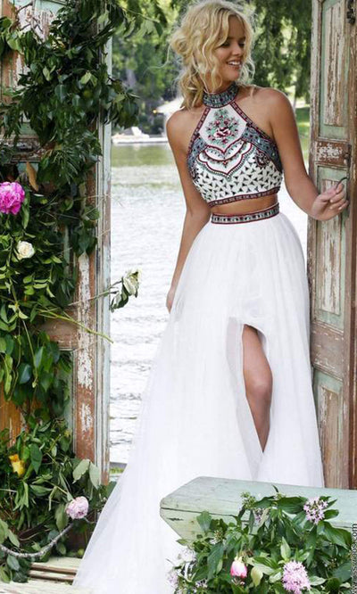 Sherri Hill - Two Piece Beaded Halter Prom Dress In White