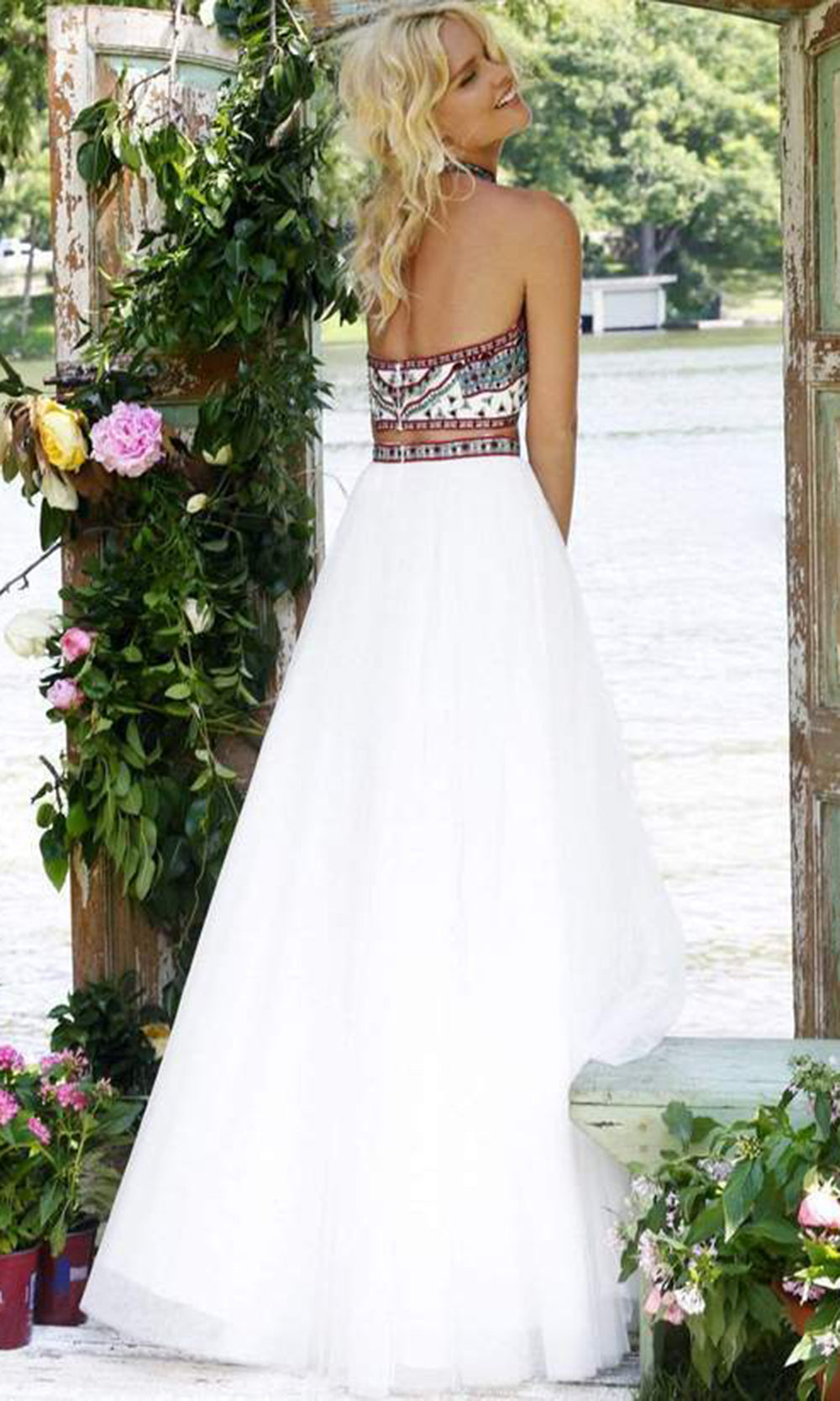 Sherri Hill - Two Piece Beaded Halter Prom Dress In White