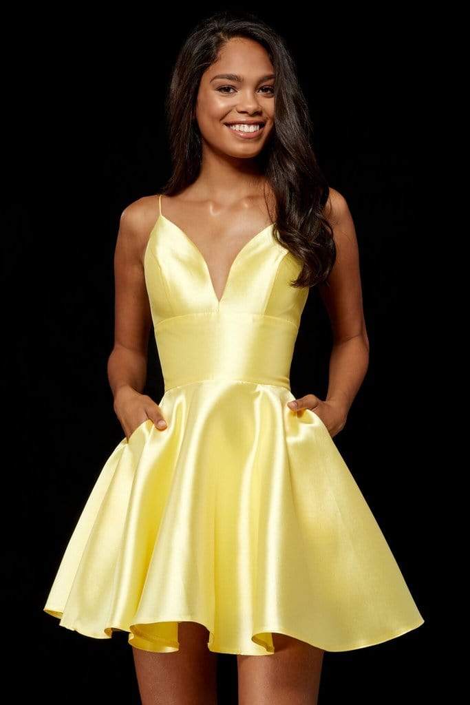 Sherri Hill - V Neck Spaghetti Straps A-Line Satin Short Dress 52379 - 1 pc Yellow In Size 0 and  1 pc Light Blue In Size 0 Available CCSALE 0 / Yellow