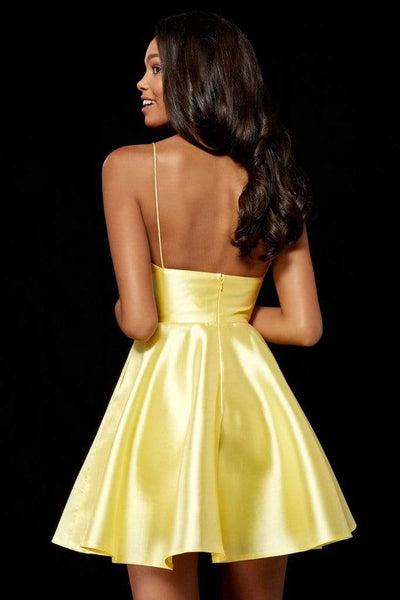 Sherri Hill - V Neck Spaghetti Straps A-Line Satin Short Dress 52379 - 1 pc Yellow In Size 0 and  1 pc Light Blue In Size 0 Available CCSALE