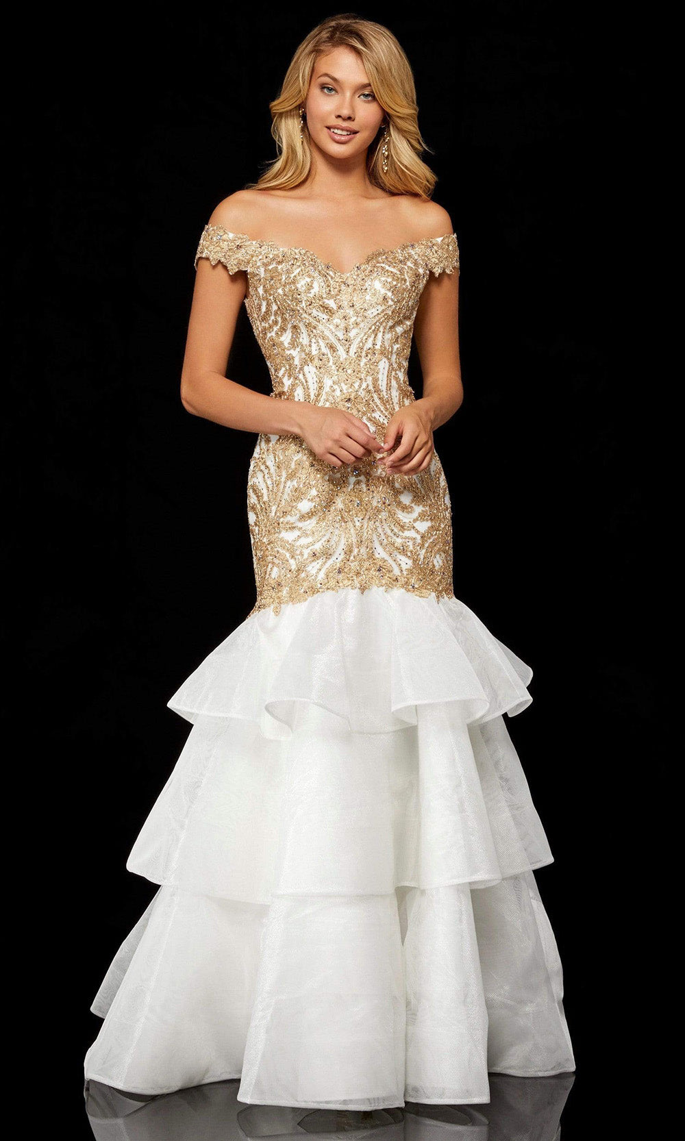 Sherri Hill - 52347SC Off Shoulder Metallic Lace Tiered Gown In White and Gold