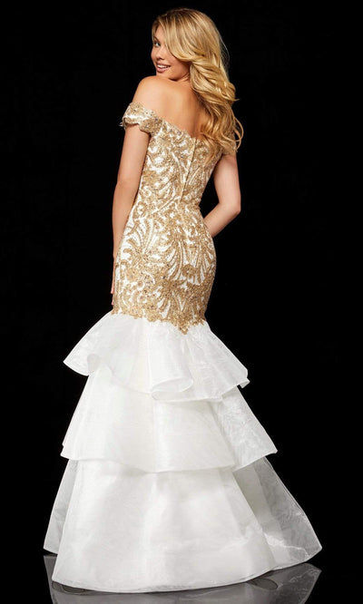 Sherri Hill - 52347SC Off Shoulder Metallic Lace Tiered Gown In White and Gold