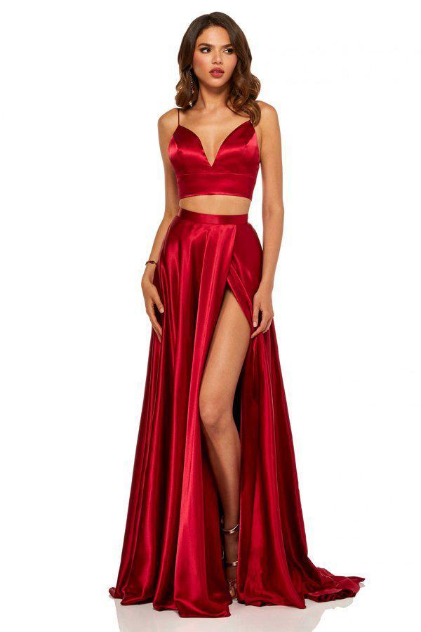 Sherri Hill - Two Piece Deep V-neck Silk Charmeuse Dress 52488SC In Red