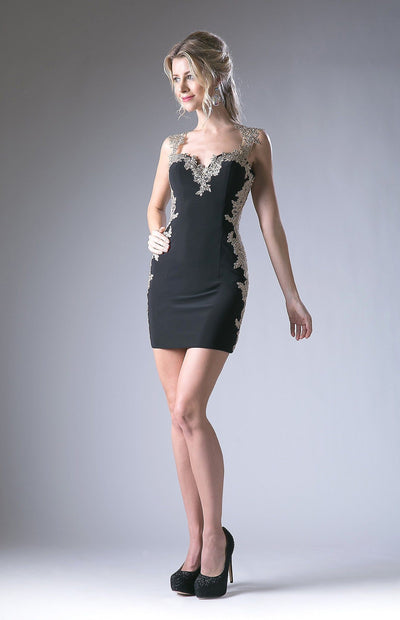 Cinderella Divine - 8988-1 Short Lace Appliqued Sheath Dress in Black