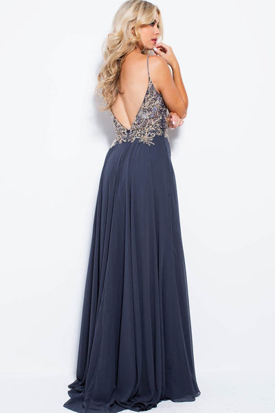 Jovani - JVN55885 Jewel Adorned Plunging Illusion Gown in Gray
