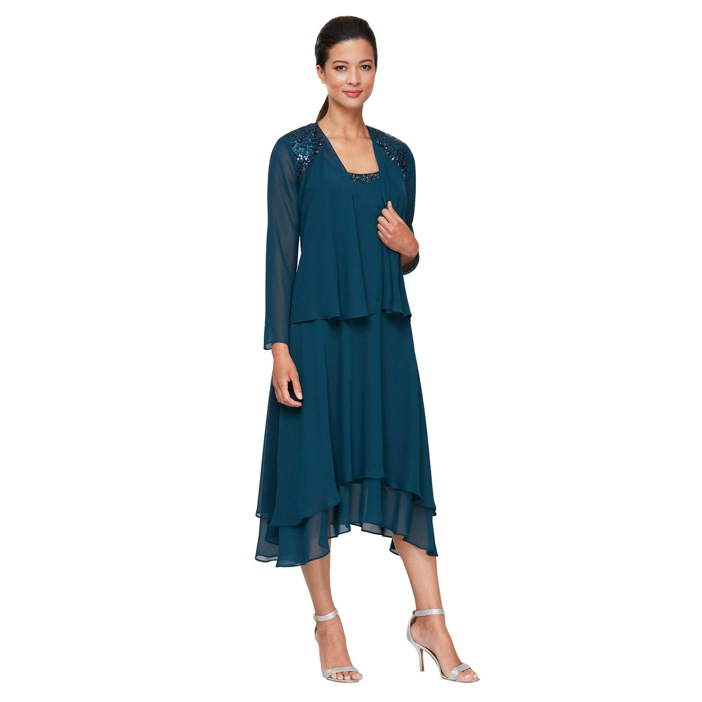 SLNY - 116184 Bejeweled Scoop Neck Chiffon Dress With Jacket Wedding Guest 10 / Mid Teal