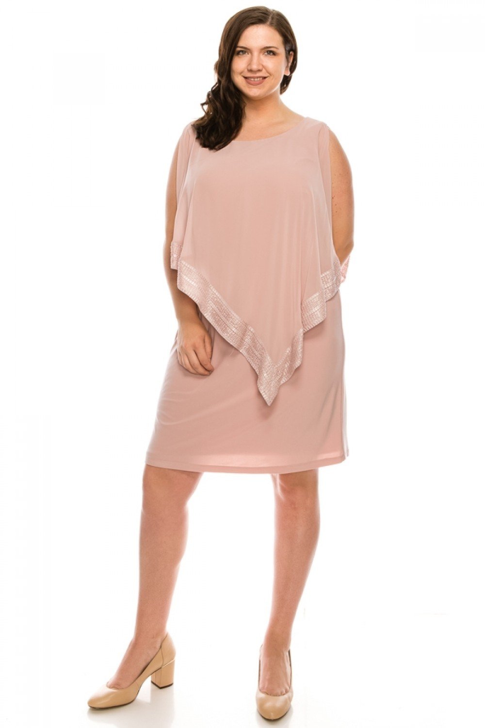 SLNY - 611176 Foil Trim Capelet Popover Dress In Neutral and Pink