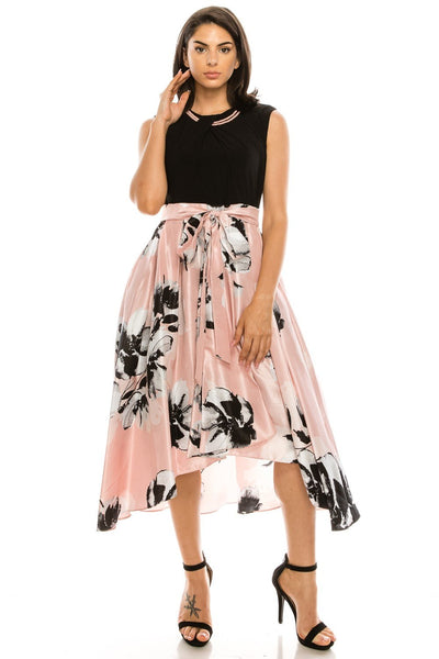 SLNY - 9184123 Tea Length Pearl Draped Top Floral Print Dress In Black and Multi-Color