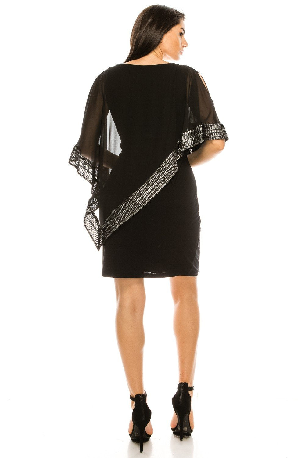 SLNY - 111176 Jersey Sheath Dress with Foil Trim Capelet In Black and Silver