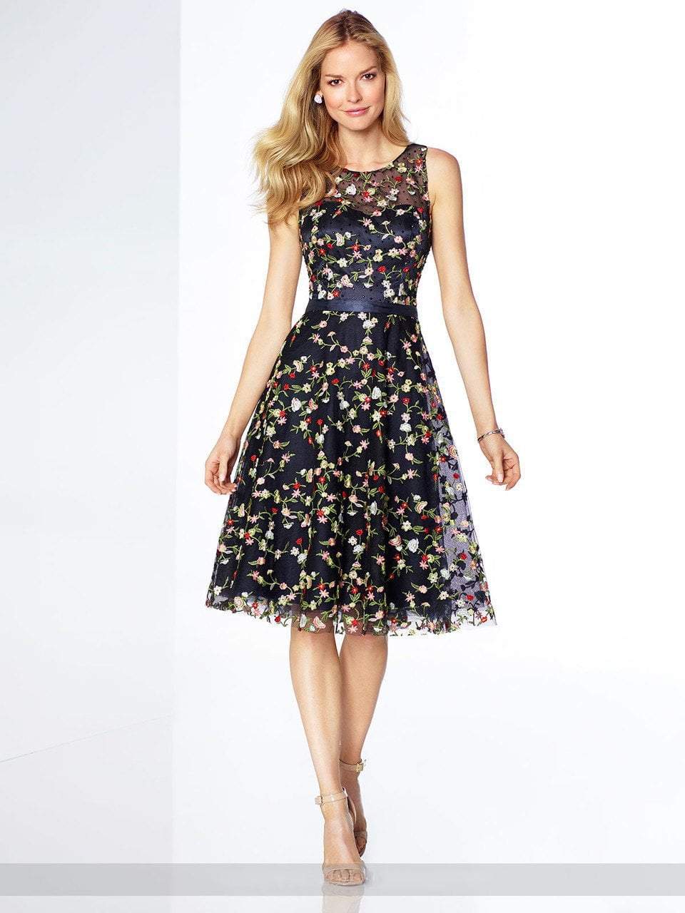 Social Occasions by Mon Cheri - Floral Embroidered Illusion Dress 117824 CCSALE 6 / Navy/Multi