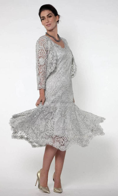 Soulmates 1501 - Tea Length Soutache Dress Bolero Jacket Set Wedding Guest Silver / S