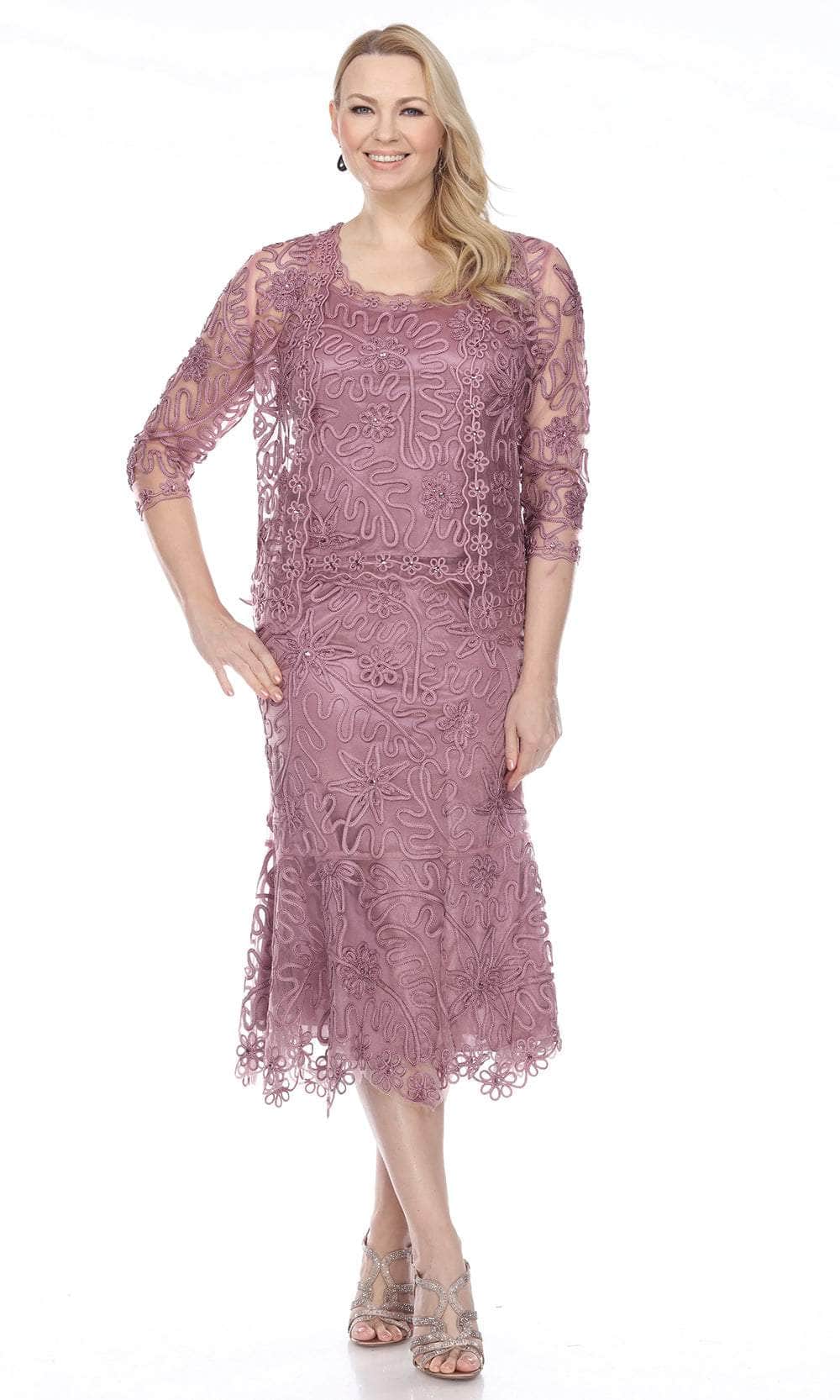 Soulmates 7346 - Soutache 3Pc T-Length Lace Evening Dress Suit Clothing Set Rosewood / S