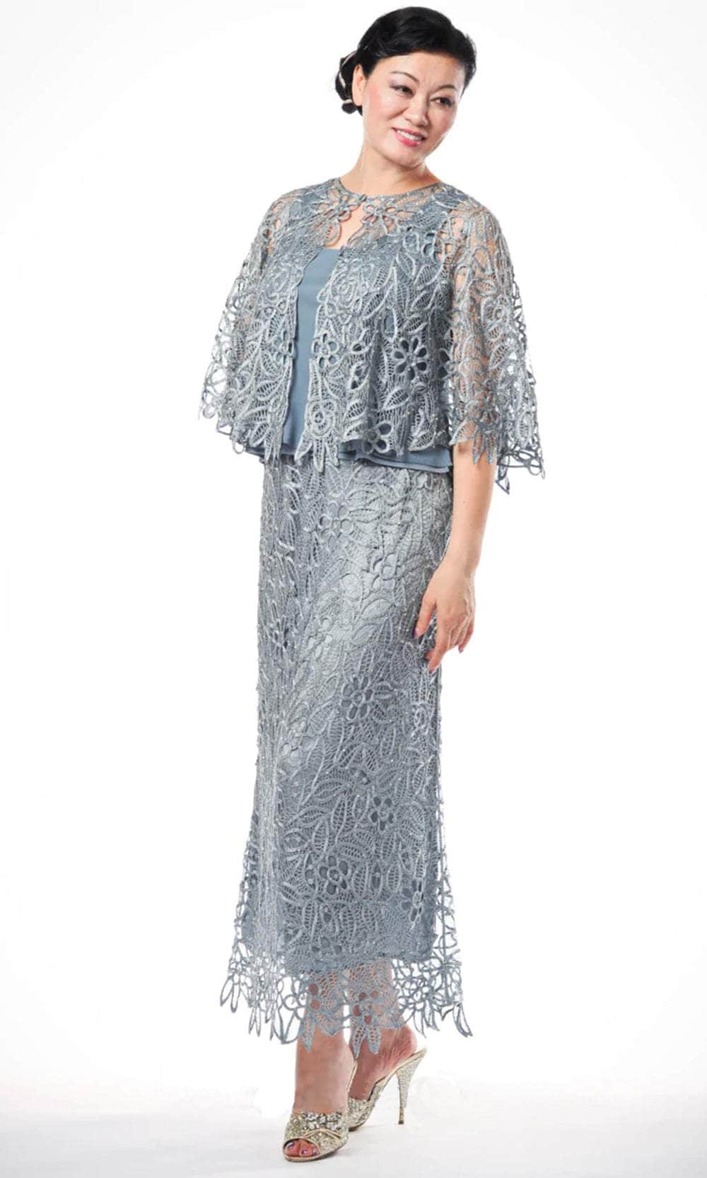 Soulmates C80312 - Beaded Lace Cape Top And Skirt Set Clothing Set Frost Blue / S