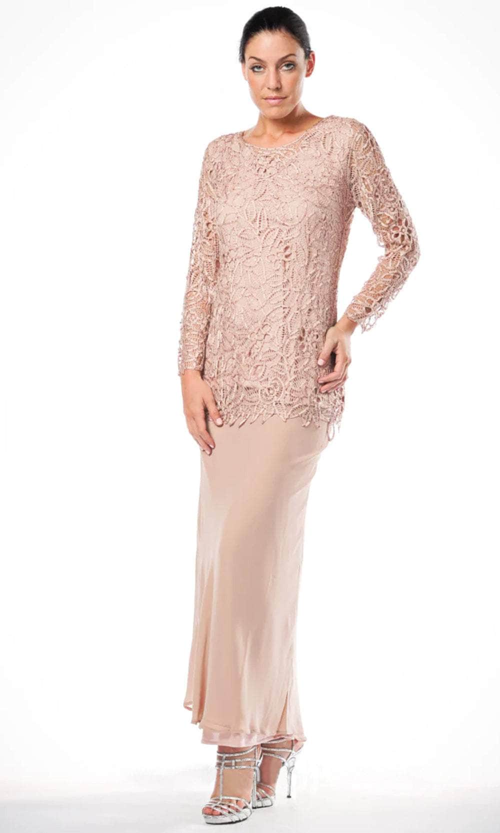 Soulmates C80704 - Crochet Beads Long Sleeve Tunic Skirt Mother Of Bride Dress Mother of the Bride Dresses Dusty Rose / S