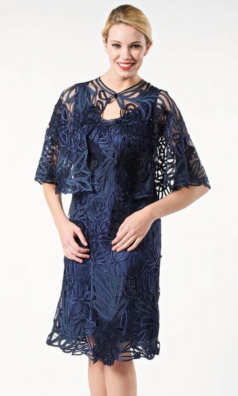 Soulmates D1107 - Rose Flower Cape With Short Dress Wedding Guest Navy / S