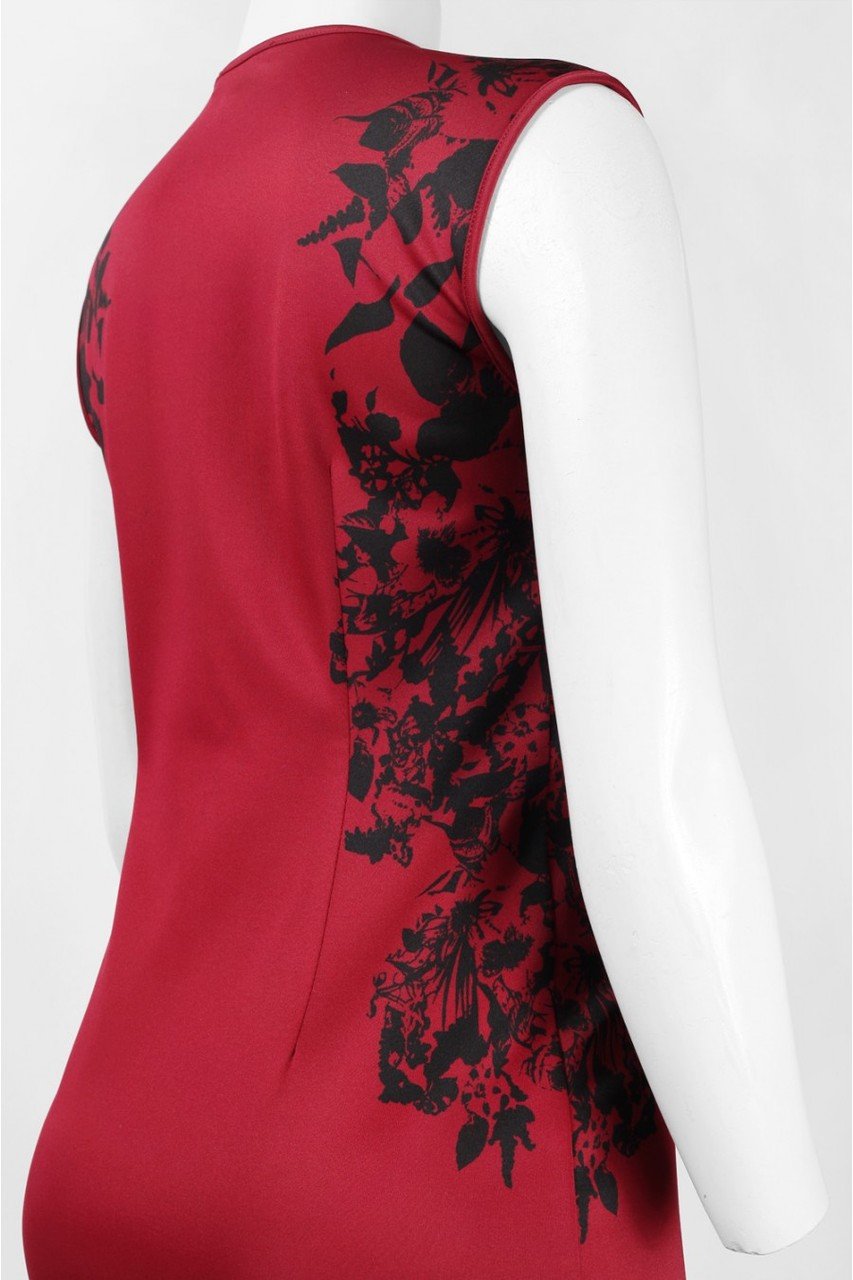 Spense - 13156 Cap Sleeve Scuba Printed Dress in Red