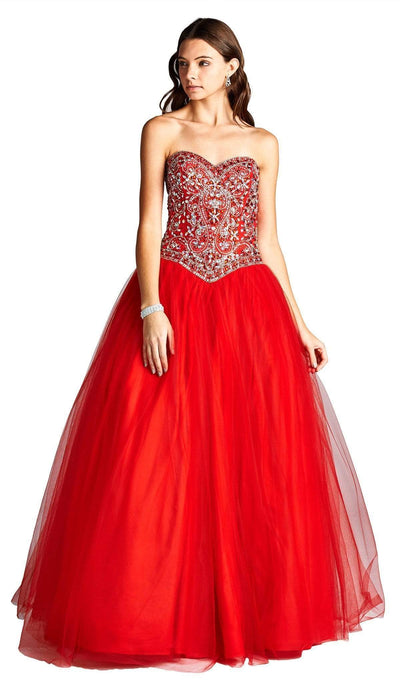 Strapless Bejeweled Sweetheart Evening Ballgown Dress XXS / Red